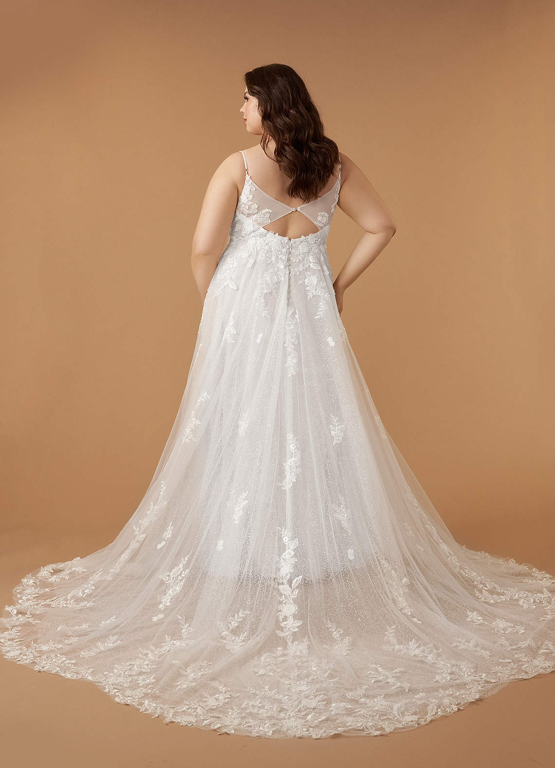 Diamond White A-Line V-Neck Lace Tulle Dress