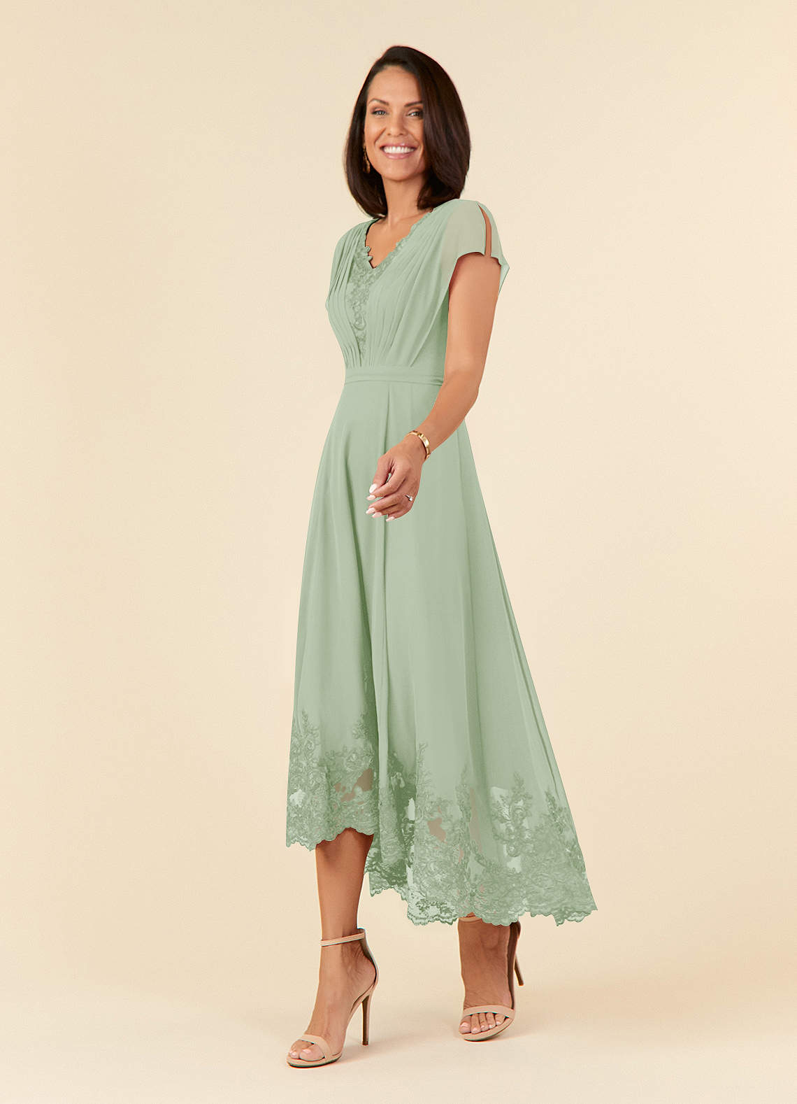 Dusty Sage A-Line Lace Chiffon Dress
