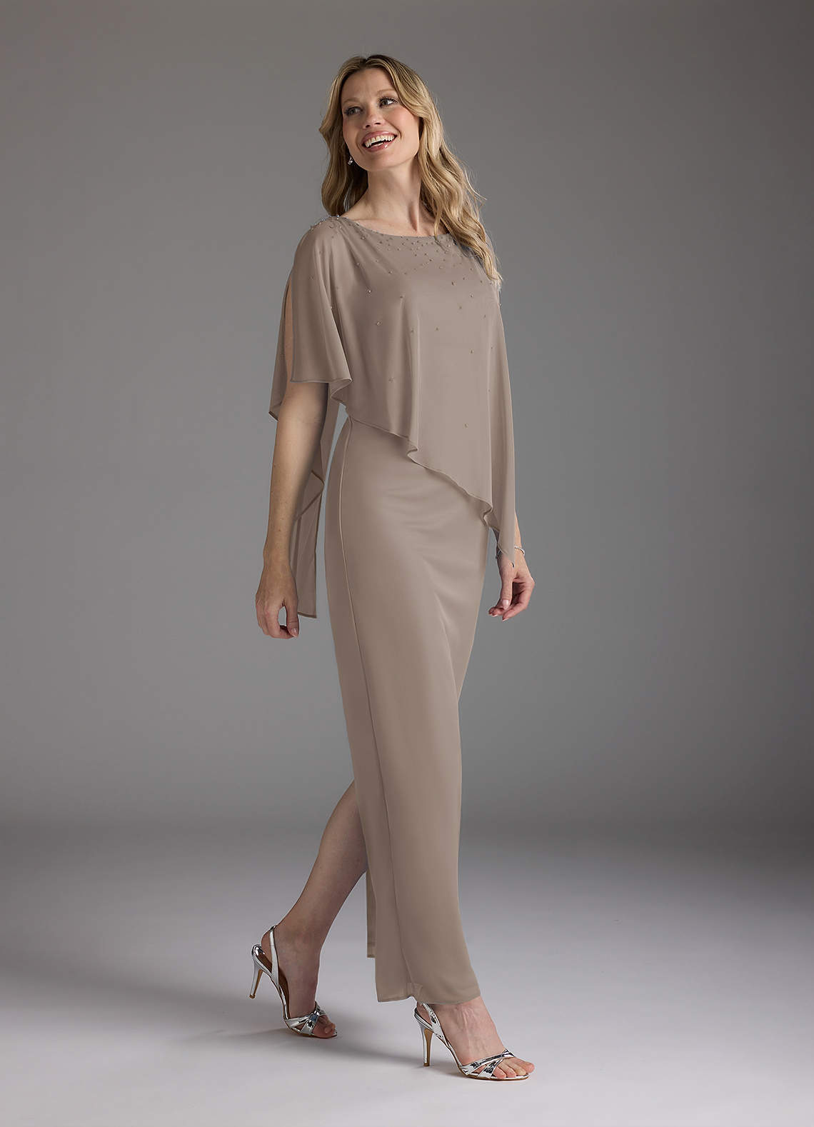 Taupe Sheath Beaded Mesh Dress