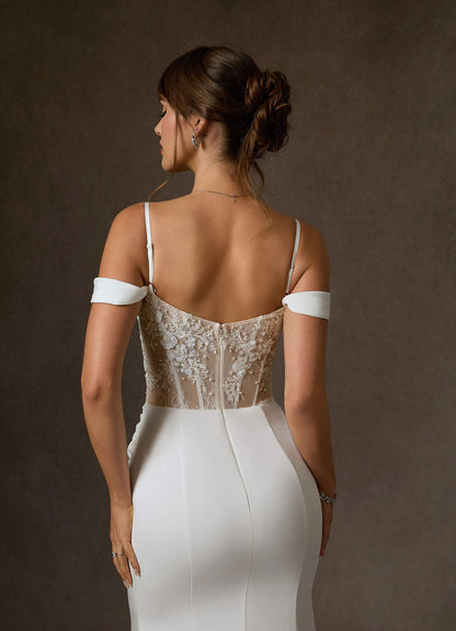 Diamond White Nude Mermaid Off the Shoulder Crepe Back Satin Dress
