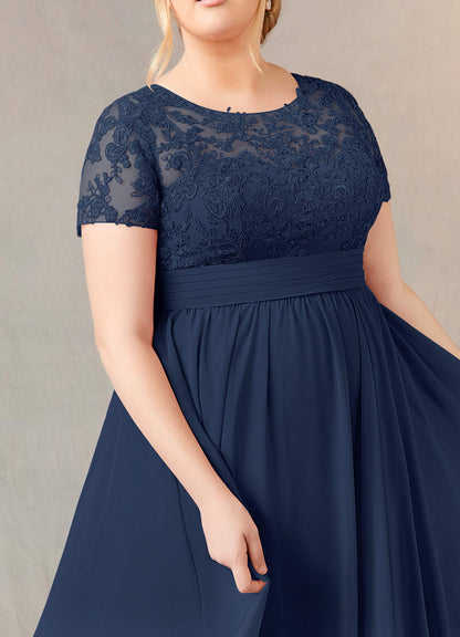 Dark Navy A-Line Lace Chiffon Dress