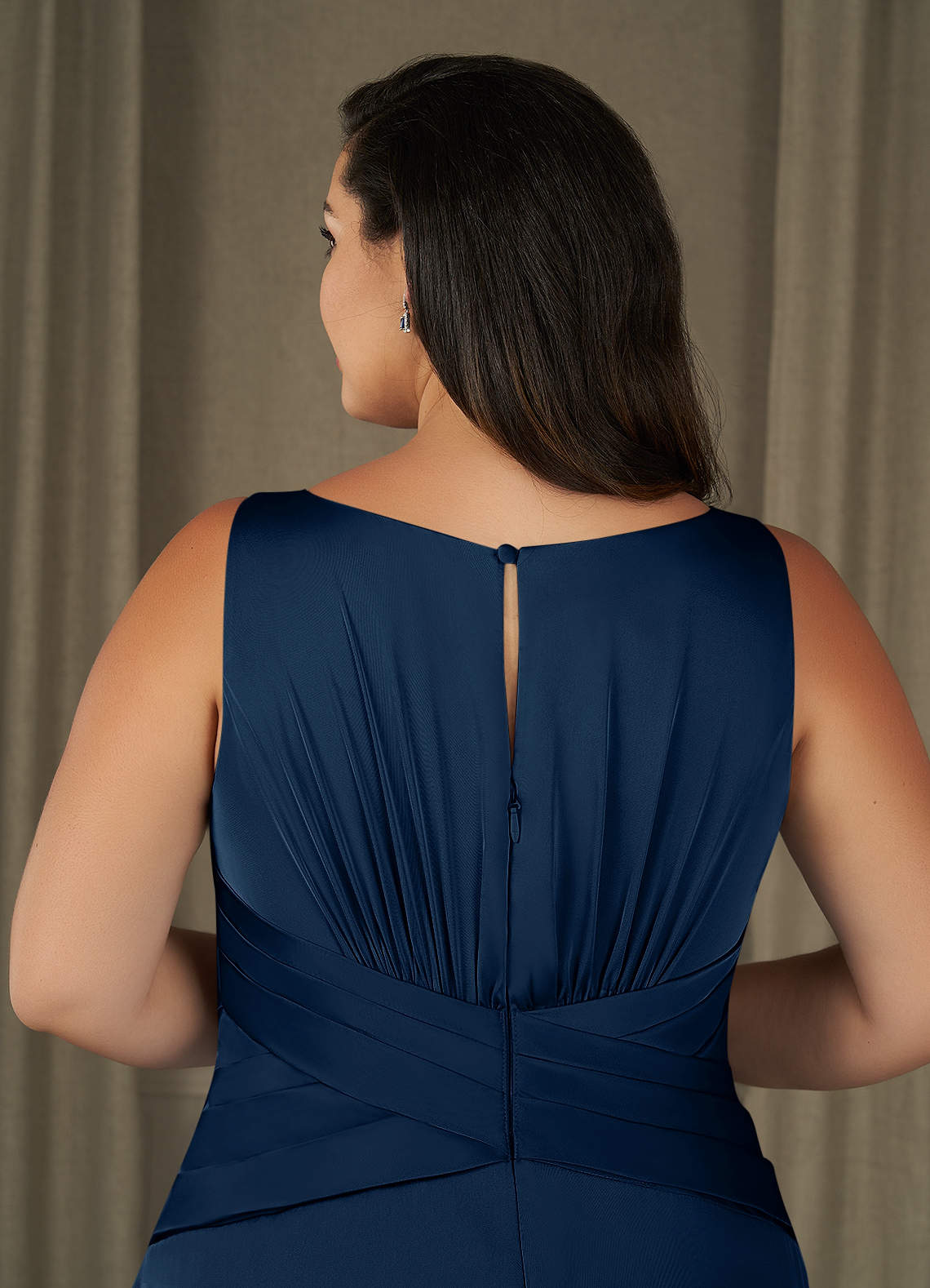 Dark Navy A-Line Pleated Stretch Satin Dress