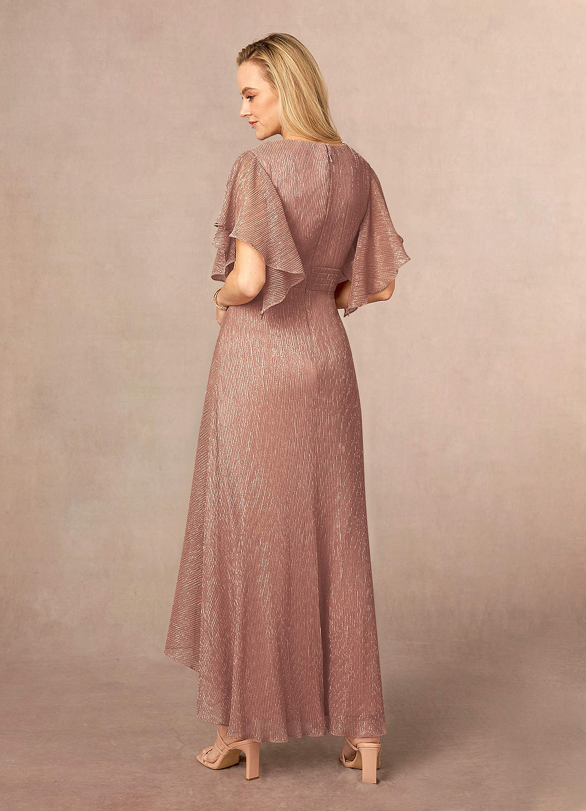 Rose Gold A-Line Ruffle Flutter Sleeve Metallic Mesh Dress