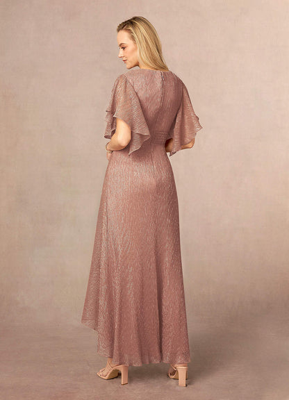 Rose Gold A-Line Ruffle Flutter Sleeve Metallic Mesh Dress