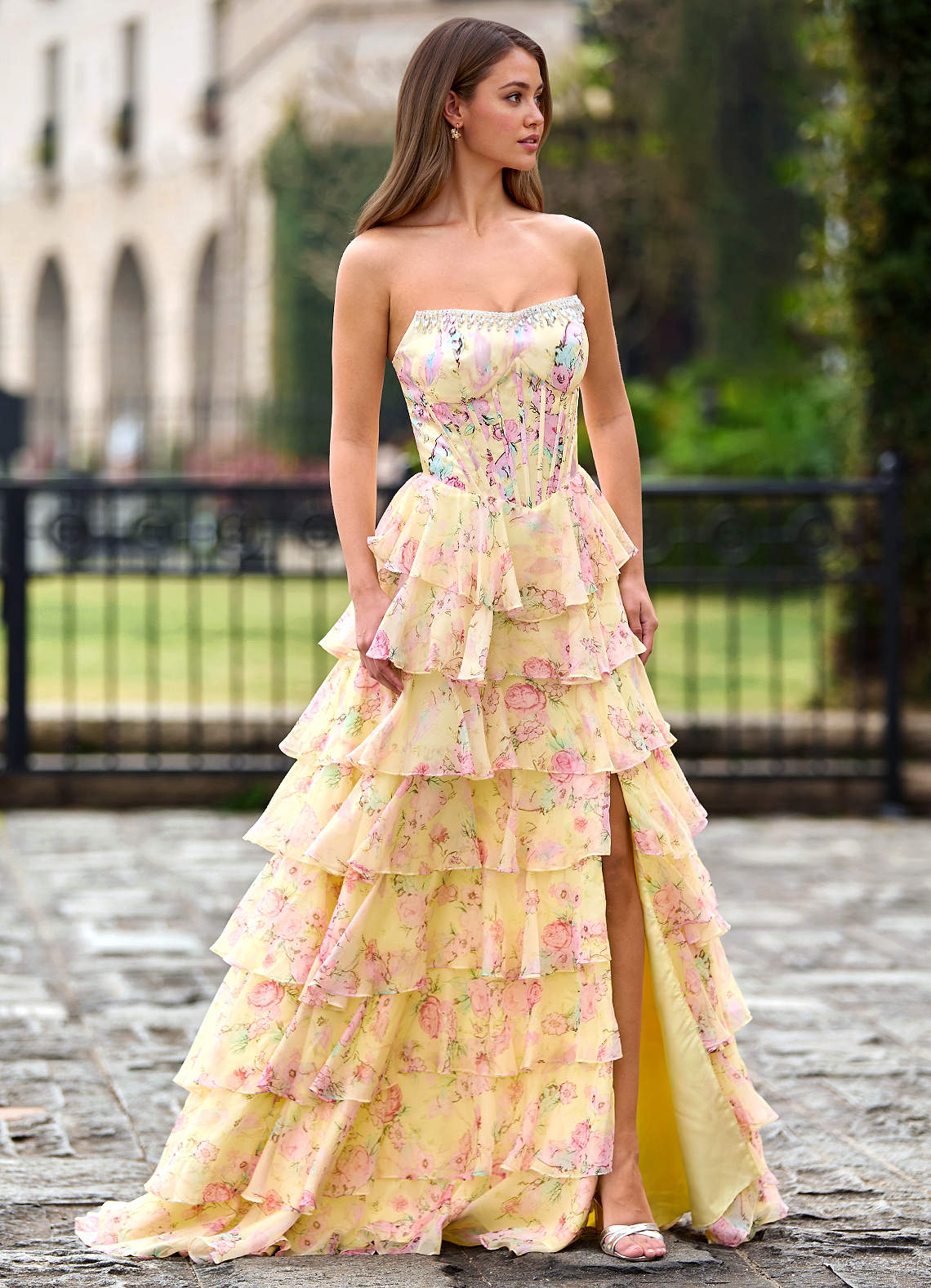 Papapym Yellow Printed Flowers Prom Dress