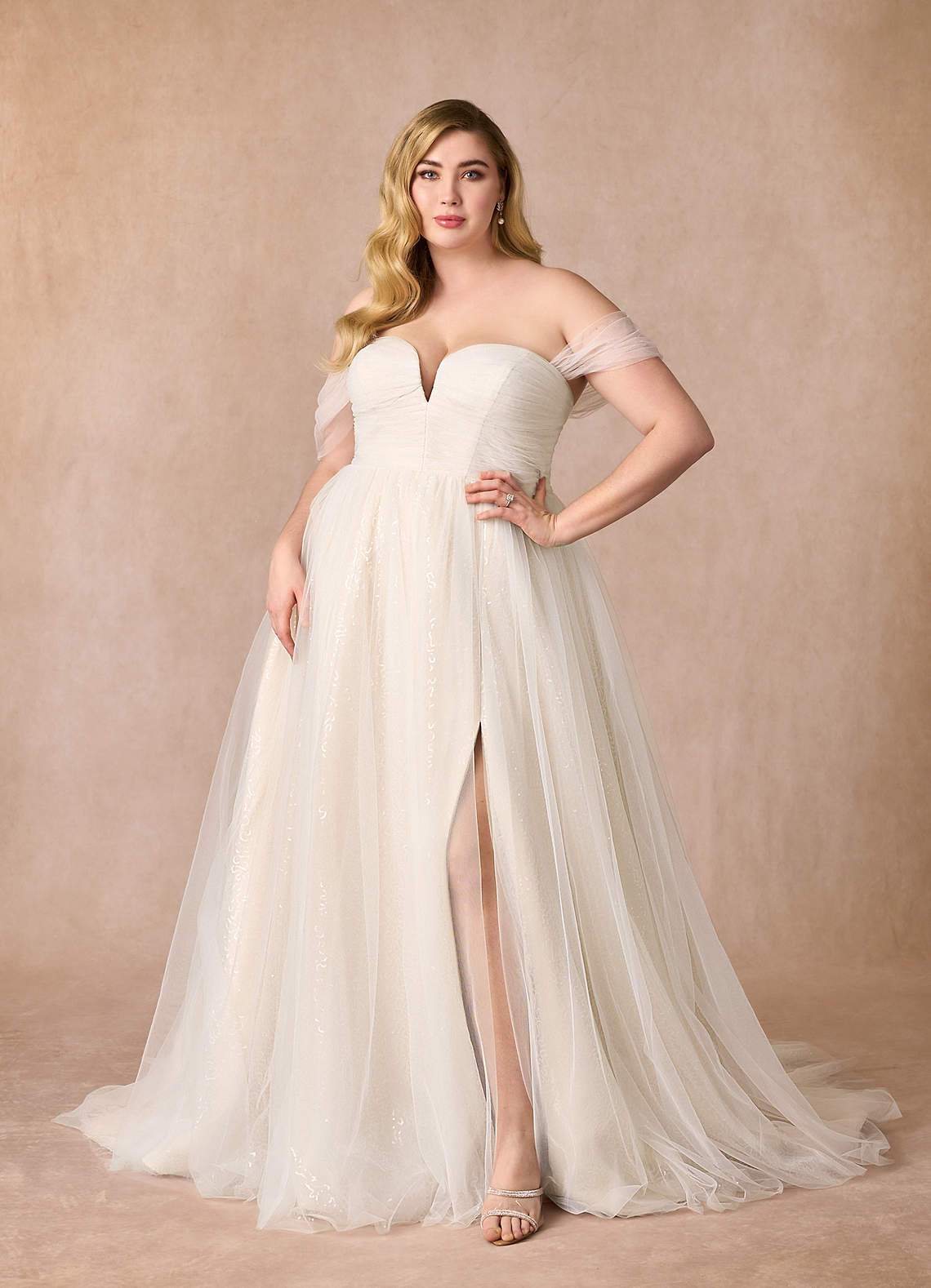 Diamond White Champagne A-Line Off the Shoulder Tulle Dress
