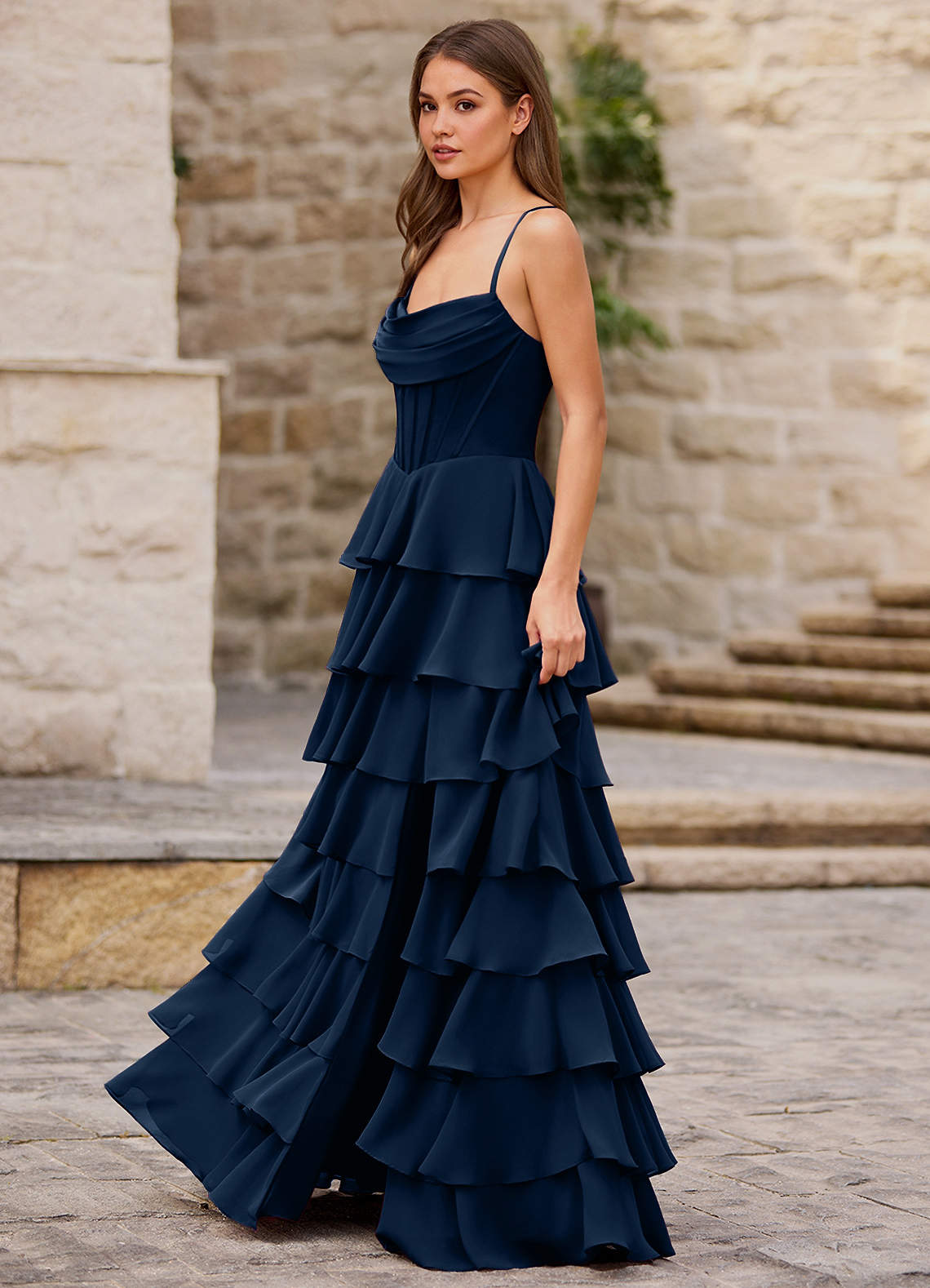 Rhythm Navy Ruffled A-Line Prom Dress  Dress