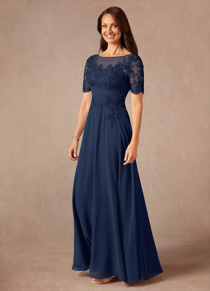 Dark Navy A-Line Lace Chiffon Dress