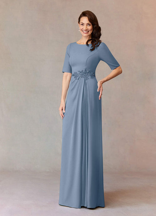 Dusty Blue A-Line Sequins Stretch Crepe Dress