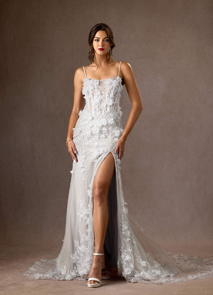 Diamond White Mermaid Strapless Lace Dress