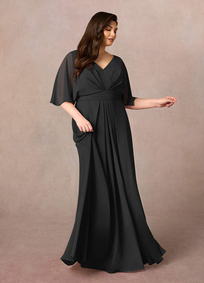 Black A-Line V-Neck Pleated Chiffon Dress
