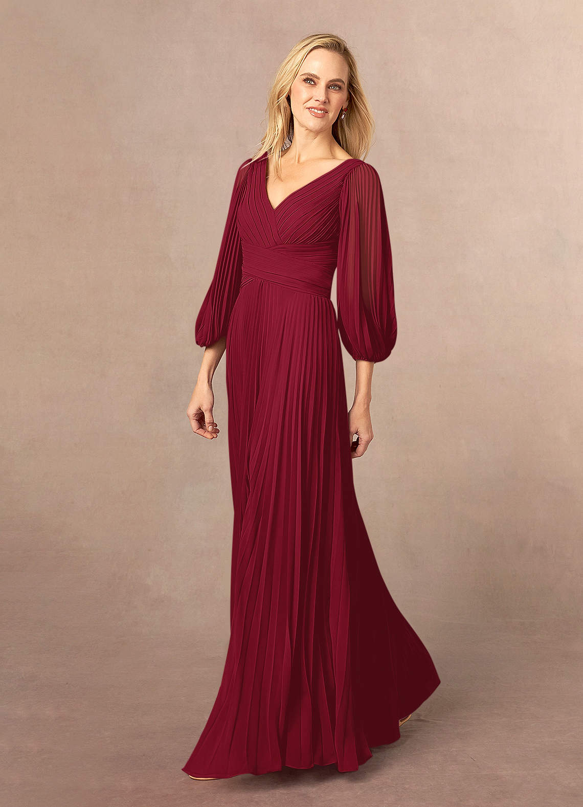 Burgundy A-Line V-Neck Pleated Chiffon Dress