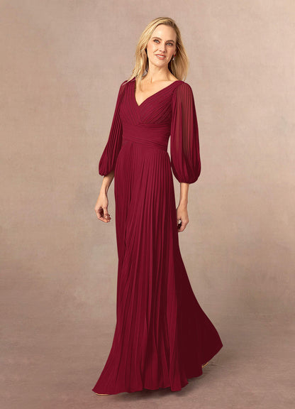 Burgundy A-Line V-Neck Pleated Chiffon Dress