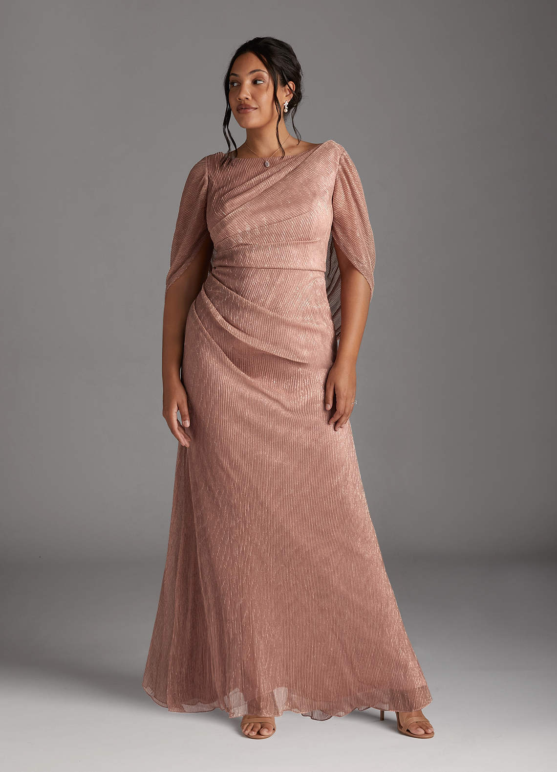 Rose Gold Sheath Pleated Cape Metallic Mesh Dress