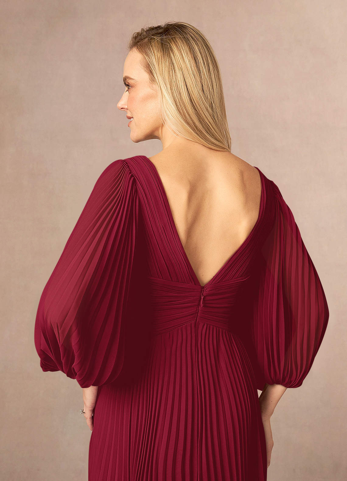 Burgundy A-Line V-Neck Pleated Chiffon Dress