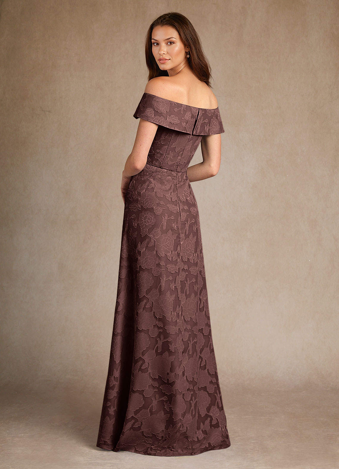 Espresso A-Line Off the Shoulder Floral Burnout Dress