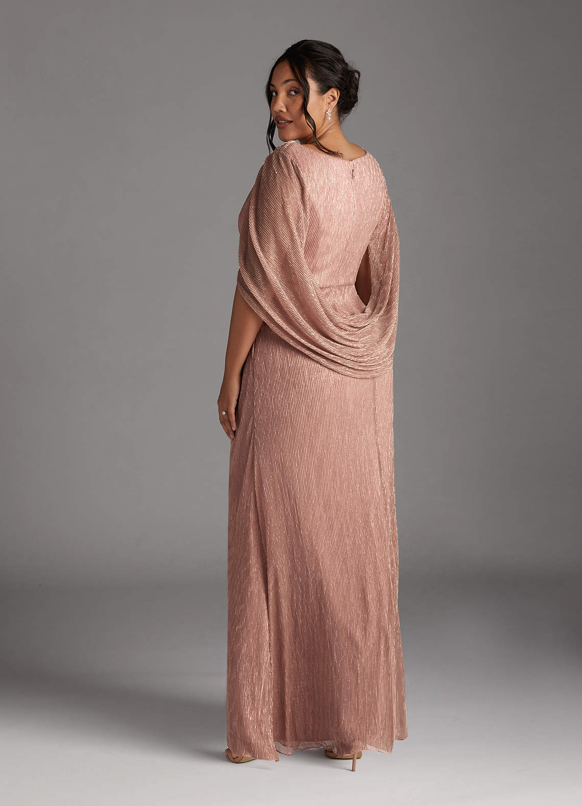 Rose Gold Sheath Pleated Cape Metallic Mesh Dress