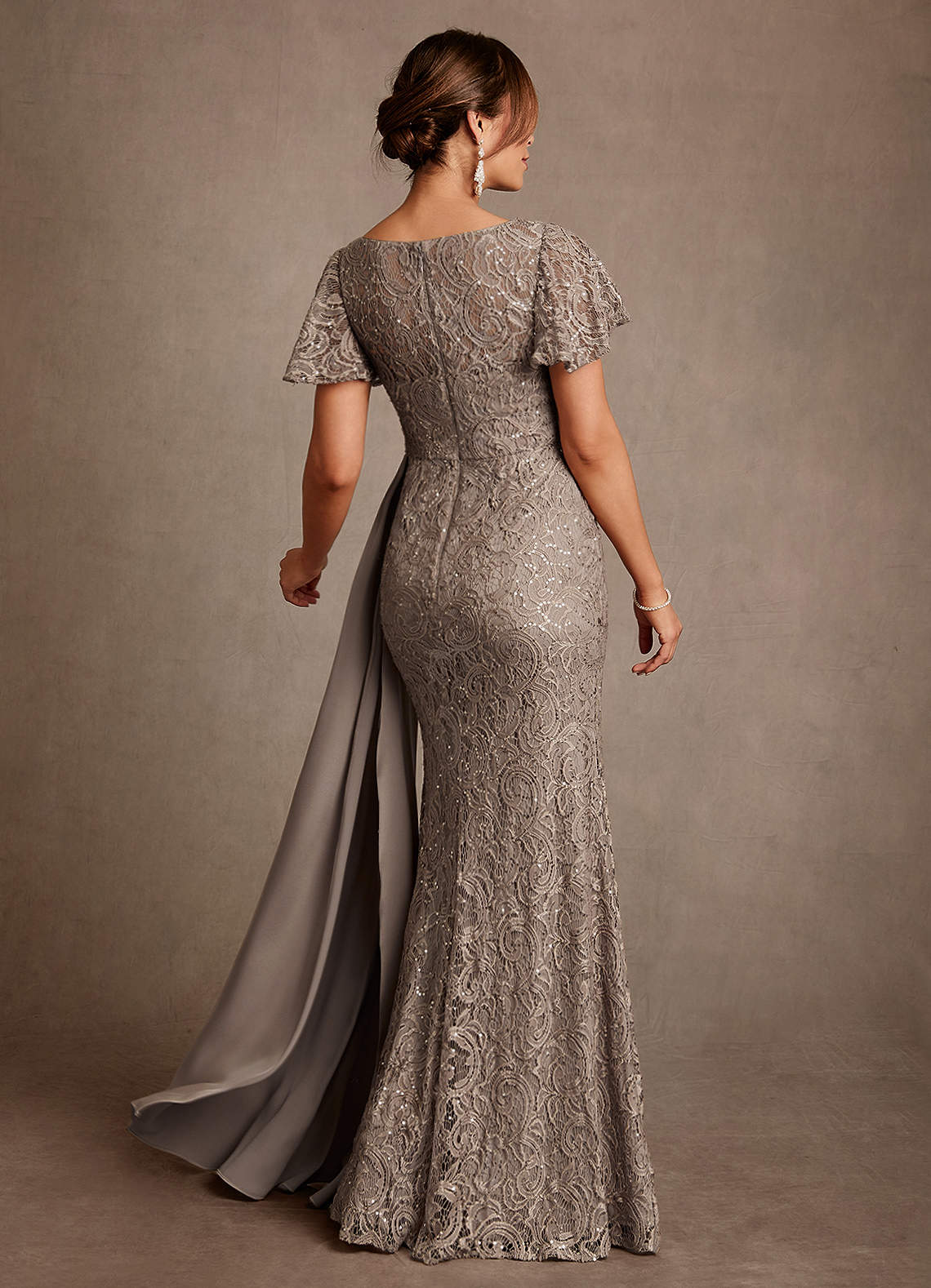 Taupe Mermaid Pleated Lace Dress