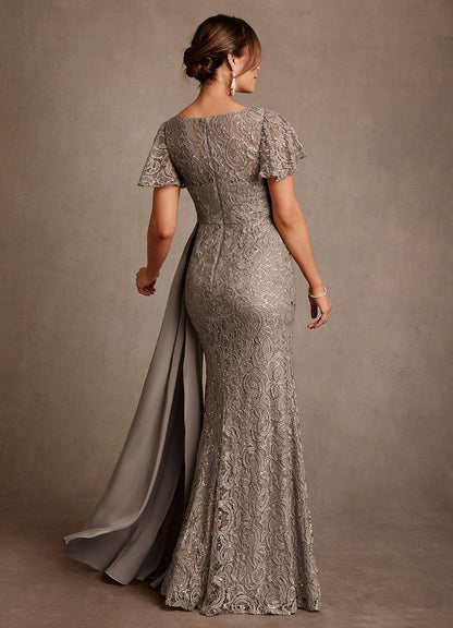 Taupe Mermaid Pleated Lace Dress