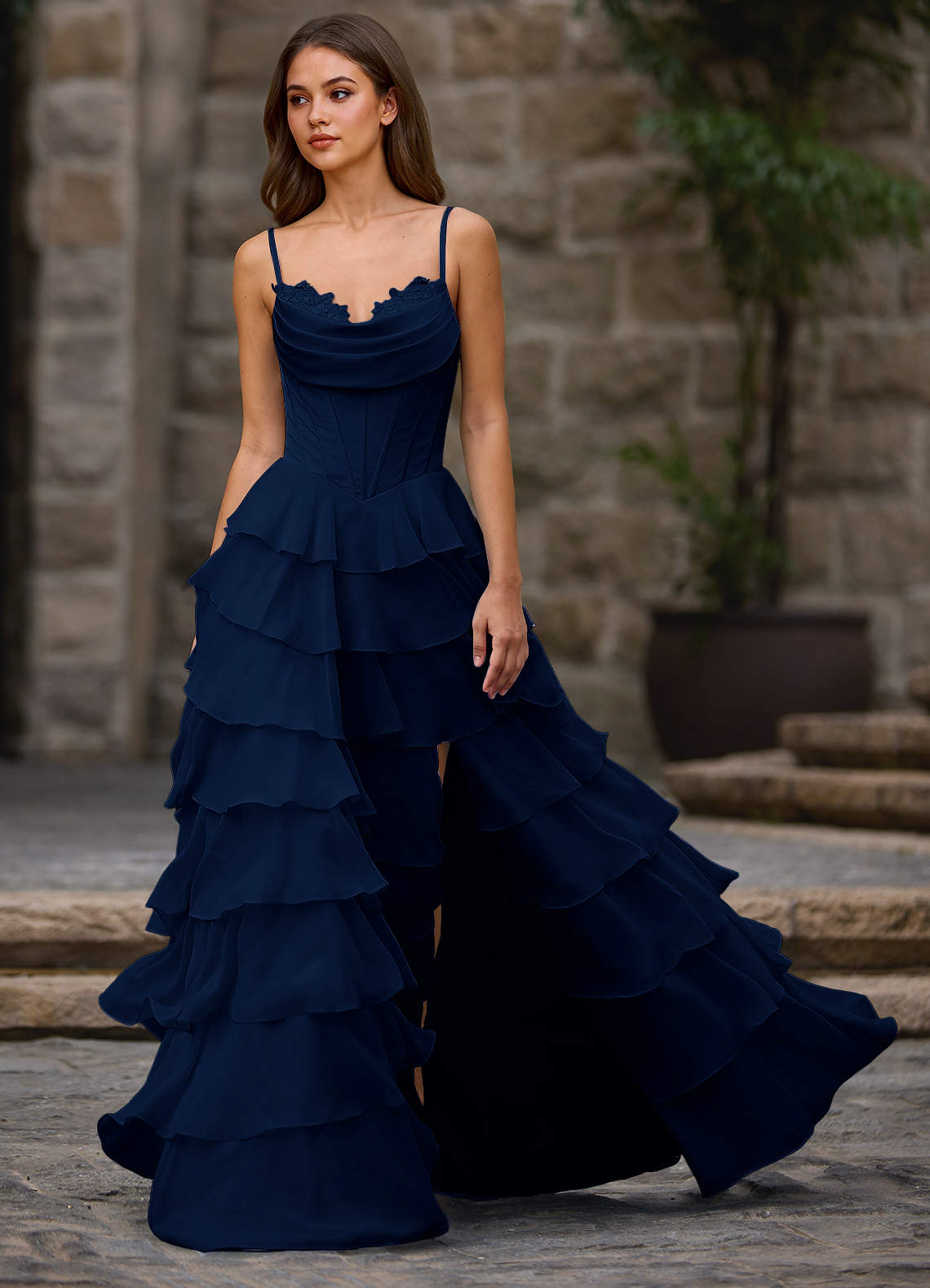 Floralace Navy Ruffled A-Line Prom Dress