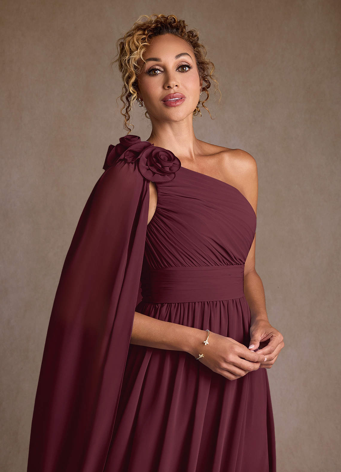 Cabernet A-Line One Shoulder Chiffon Dress