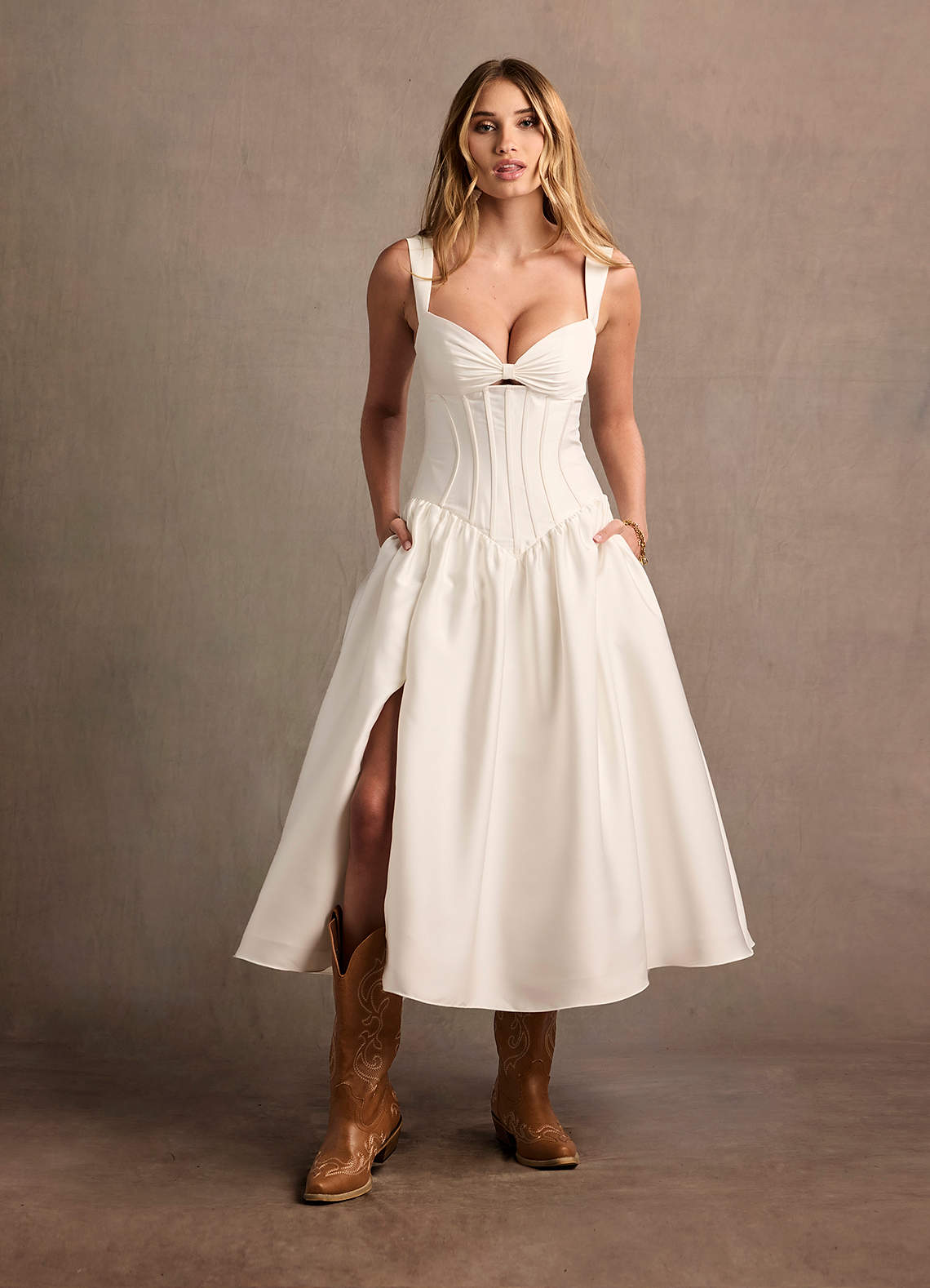 Arwen Cream Dropped Waist Midi Dress  Dress