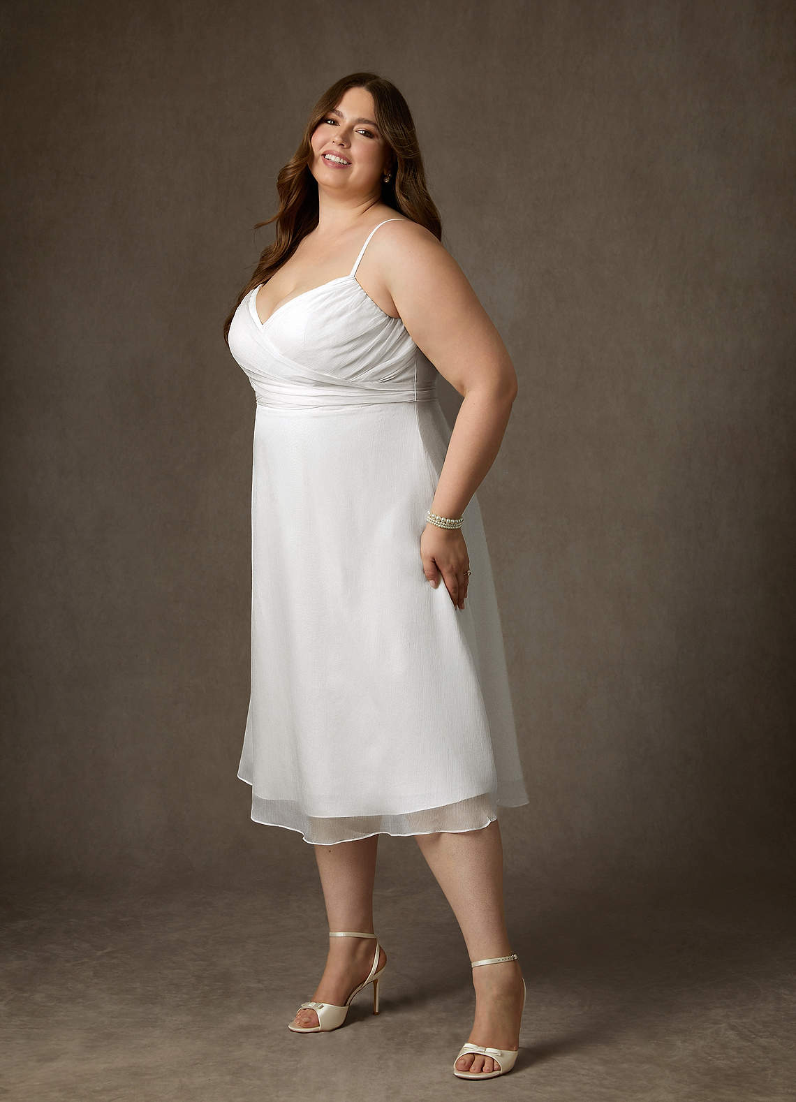 Diamond White A-Line V-Neck Pleated Crinkle Chiffon Dress