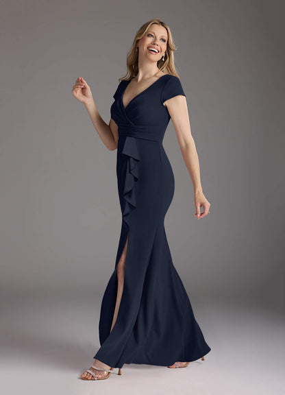 Dark Navy Mermaid V-Neck Pleated Stretch Crepe Dress