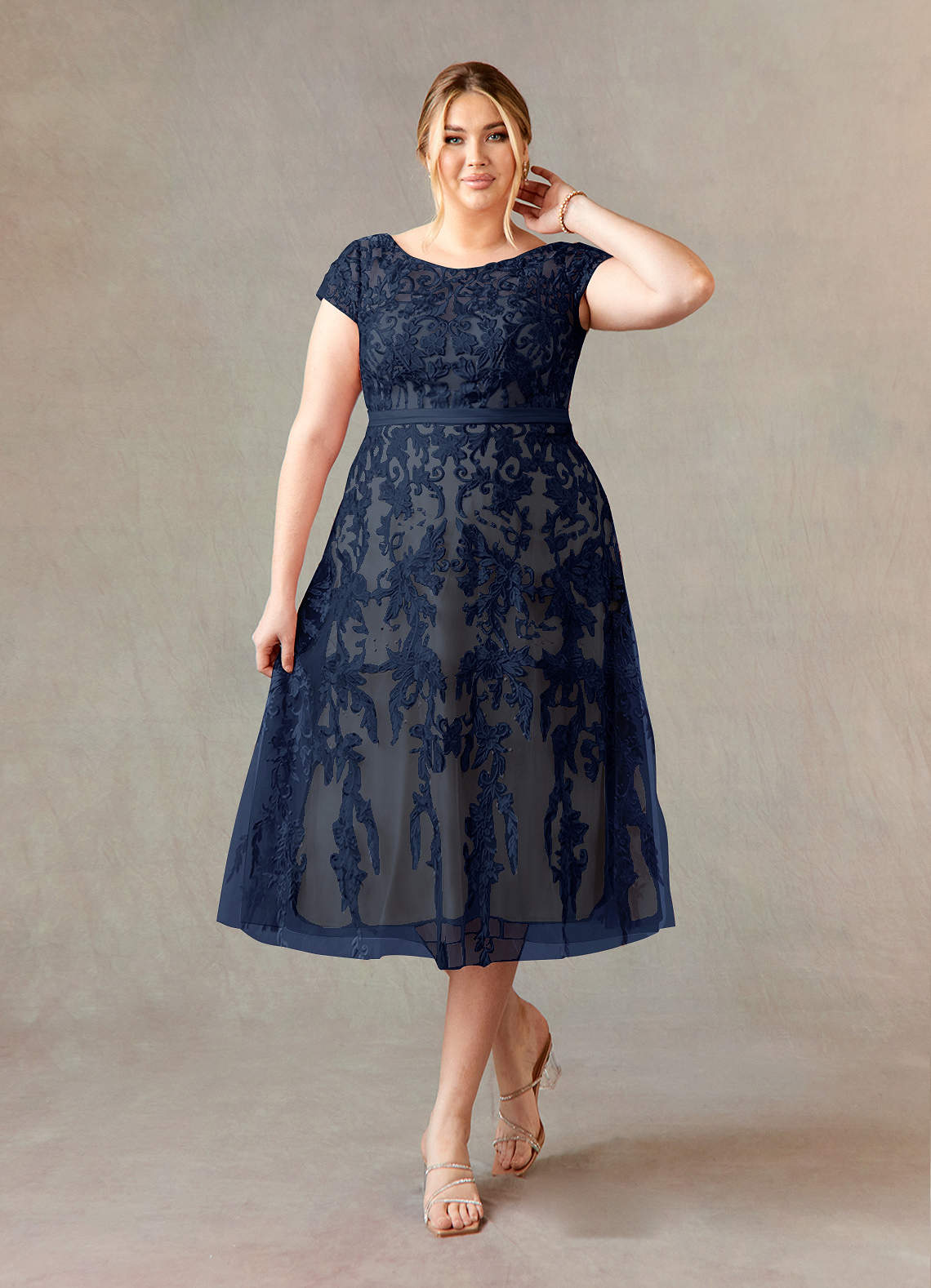 Dark Navy Champagne A-Line Scoop Lace Tulle Dress