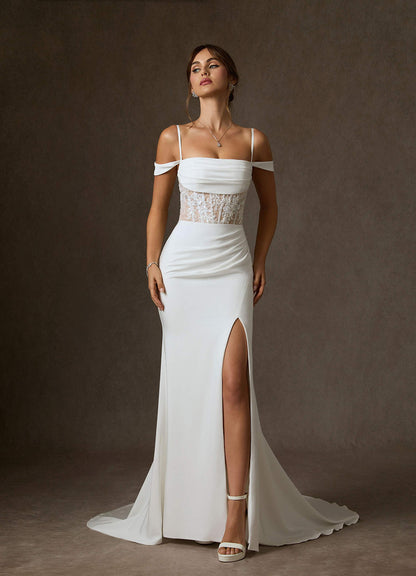 Diamond White Nude Mermaid Off the Shoulder Crepe Back Satin Dress
