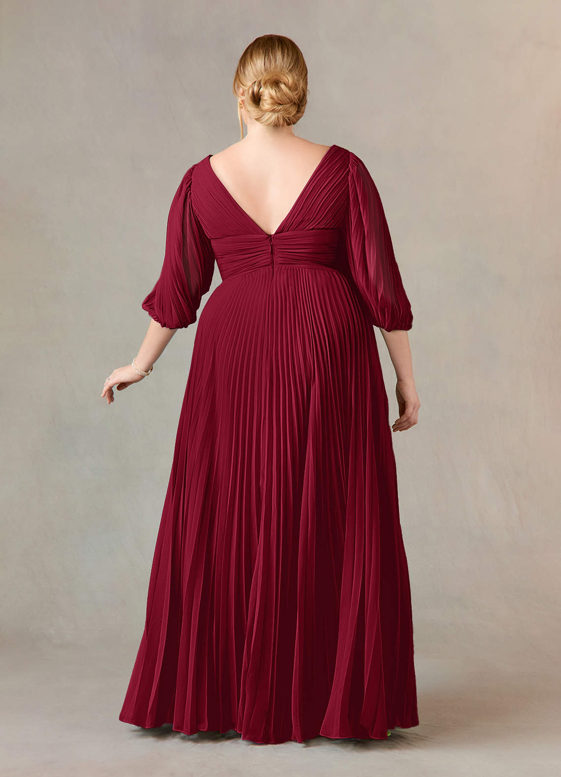 Burgundy A-Line V-Neck Pleated Chiffon Dress