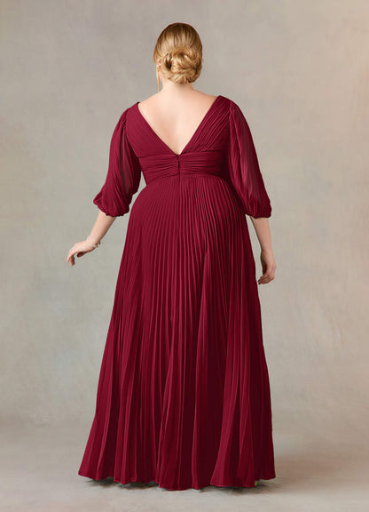 Burgundy A-Line V-Neck Pleated Chiffon Dress