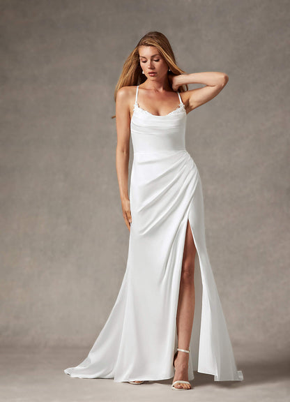 Diamond White Mermaid V-Neck Stretch Satin Dress