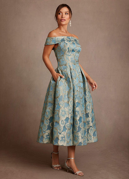 Lake Blue Jacquard A-Line Off the Shoulder Floral Jacquard Dress