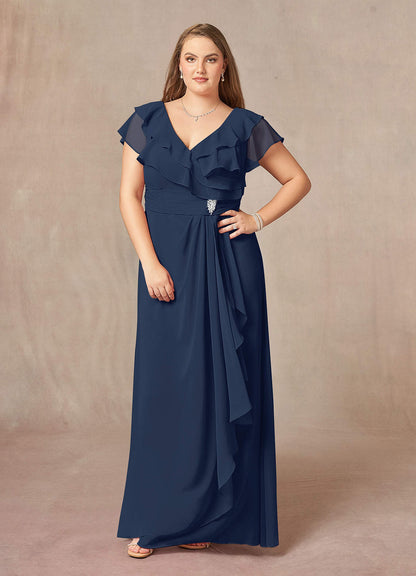 Dark Navy A-Line V-Neck Ruched Chiffon Dress