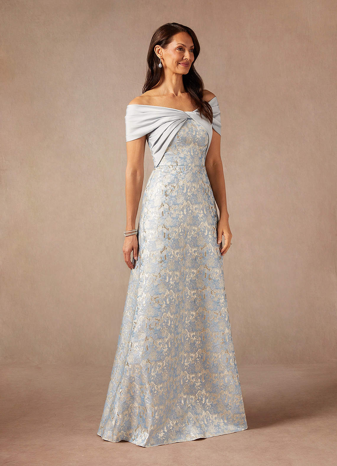 Dusty Blue A-Line Off the Shoulder Jacquard Dress