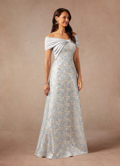 Dusty Blue A-Line Off the Shoulder Jacquard Dress