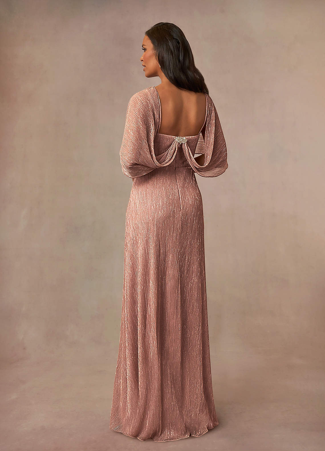Rose Gold A-Line Cowl Cape Metallic Mesh Dress