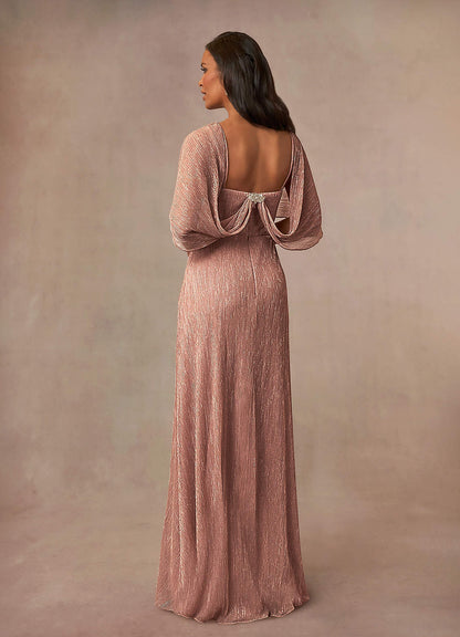 Rose Gold A-Line Cowl Cape Metallic Mesh Dress
