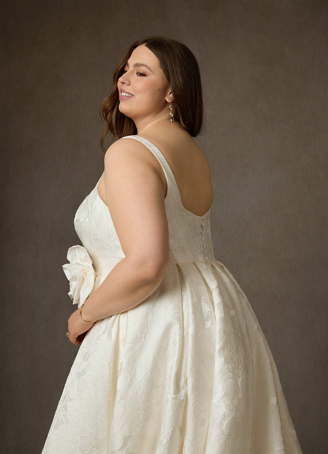 Antique White Ball-Gown with Pockets Floral Jacquard Dress