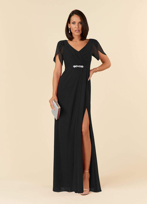 Black Sheath V-Neck Pleated Chiffon Dress