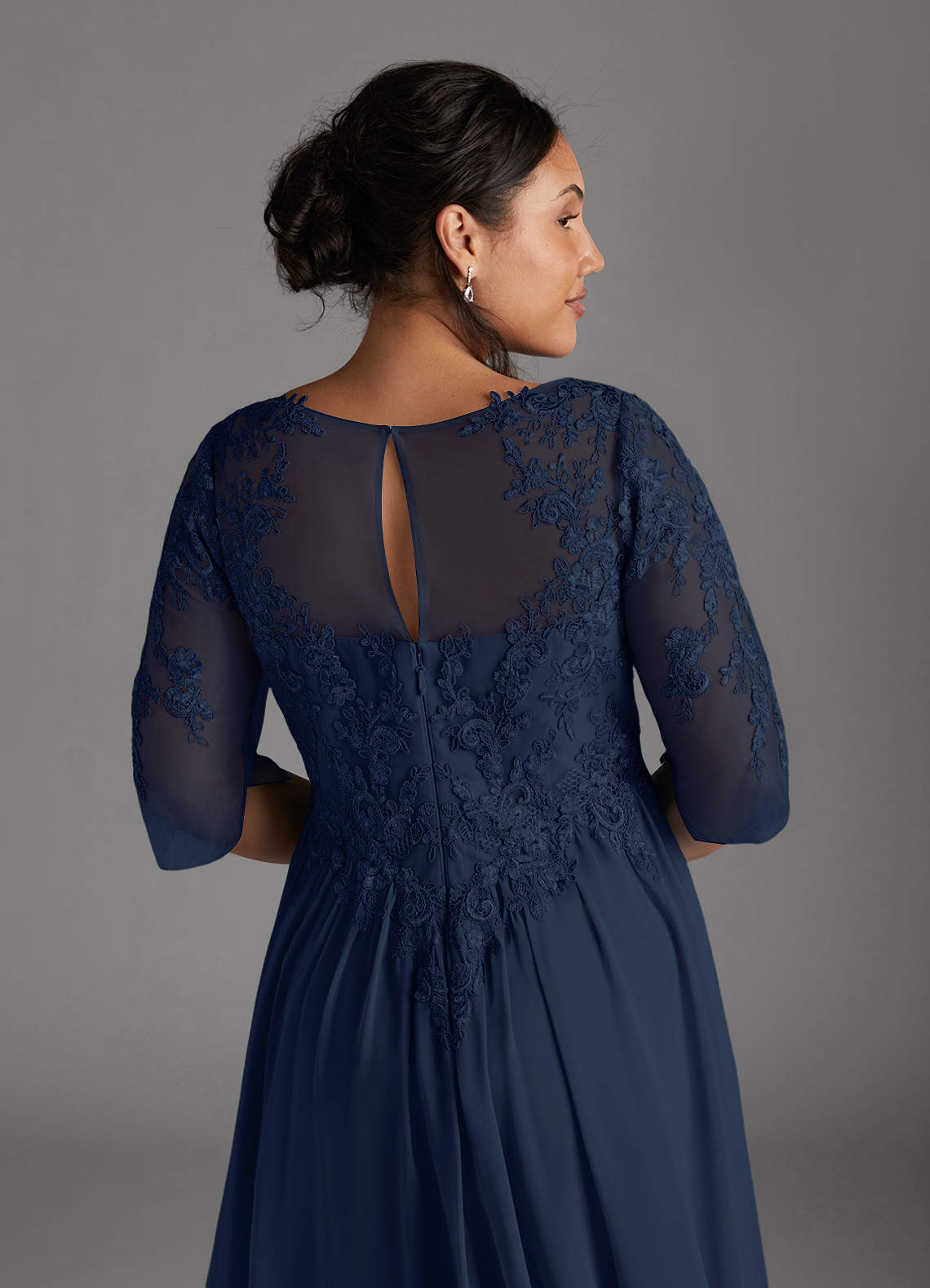 Dark Navy A-Line Scoop Lace Chiffon Dress