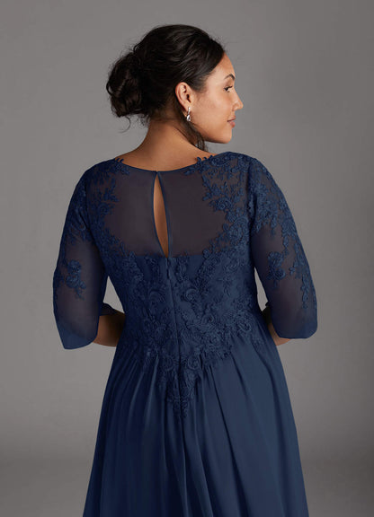 Dark Navy A-Line Scoop Lace Chiffon Dress