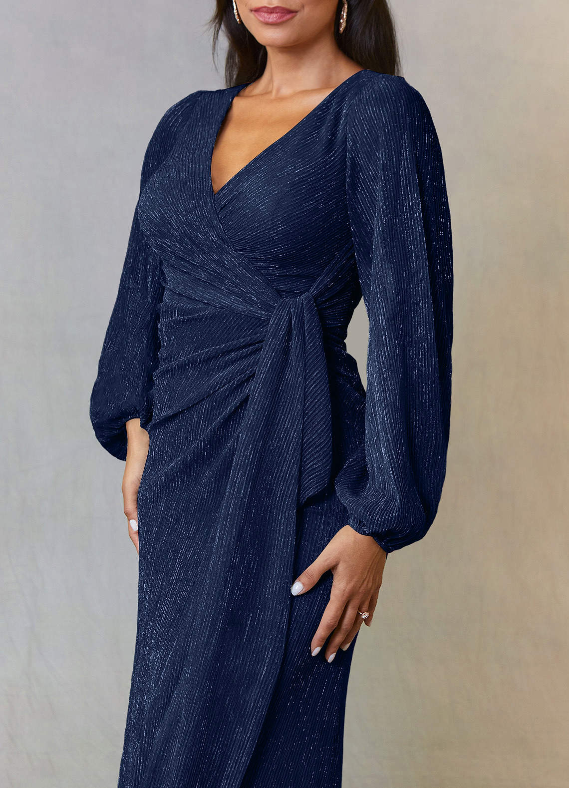 Dark Navy A-Line Ruched Metallic Mesh Dress