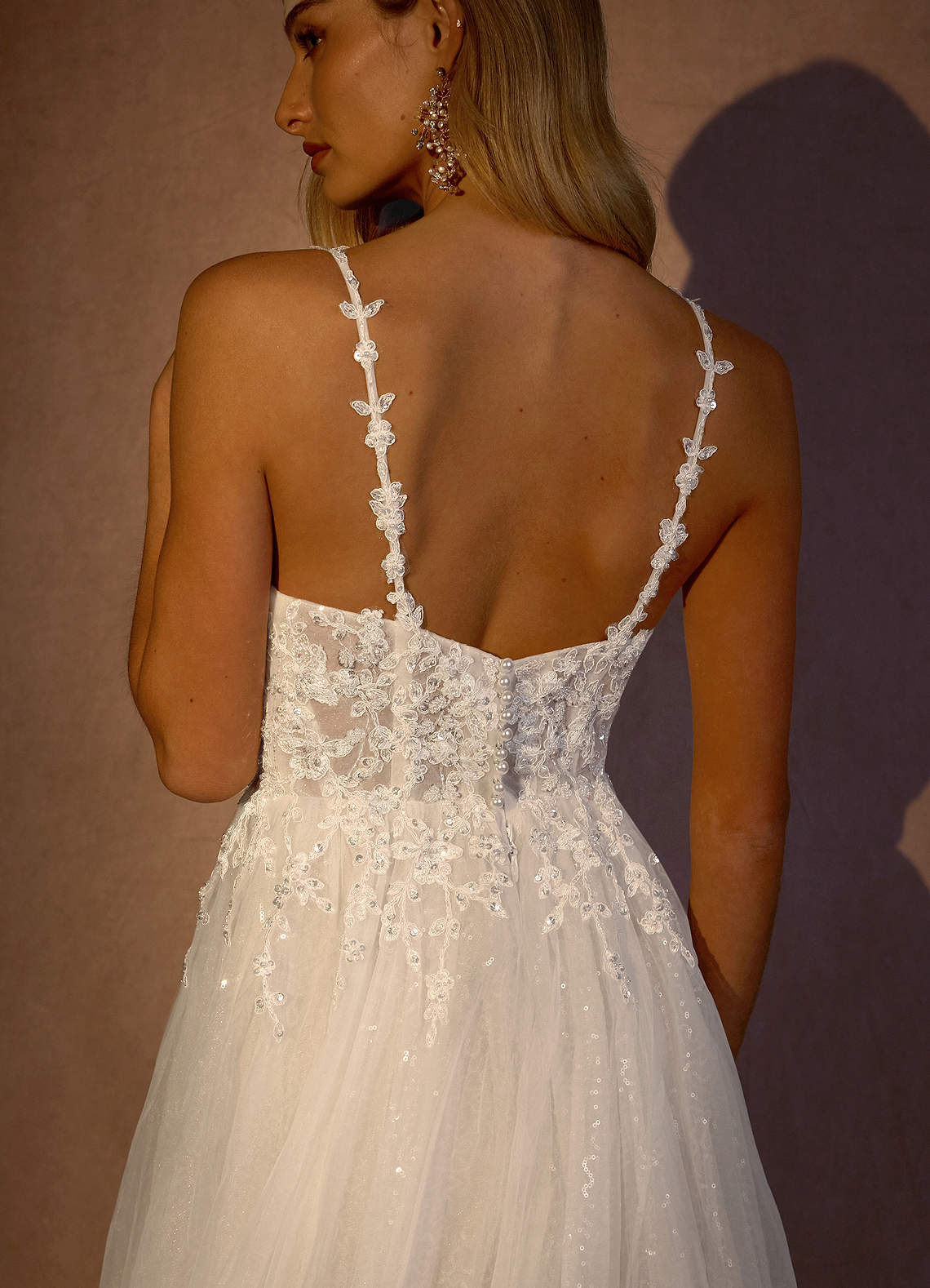 Diamond White A-Line V-Neck Sequins Tulle Dress