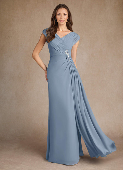Dusty Blue A-Line Pleated Chiffon Dress