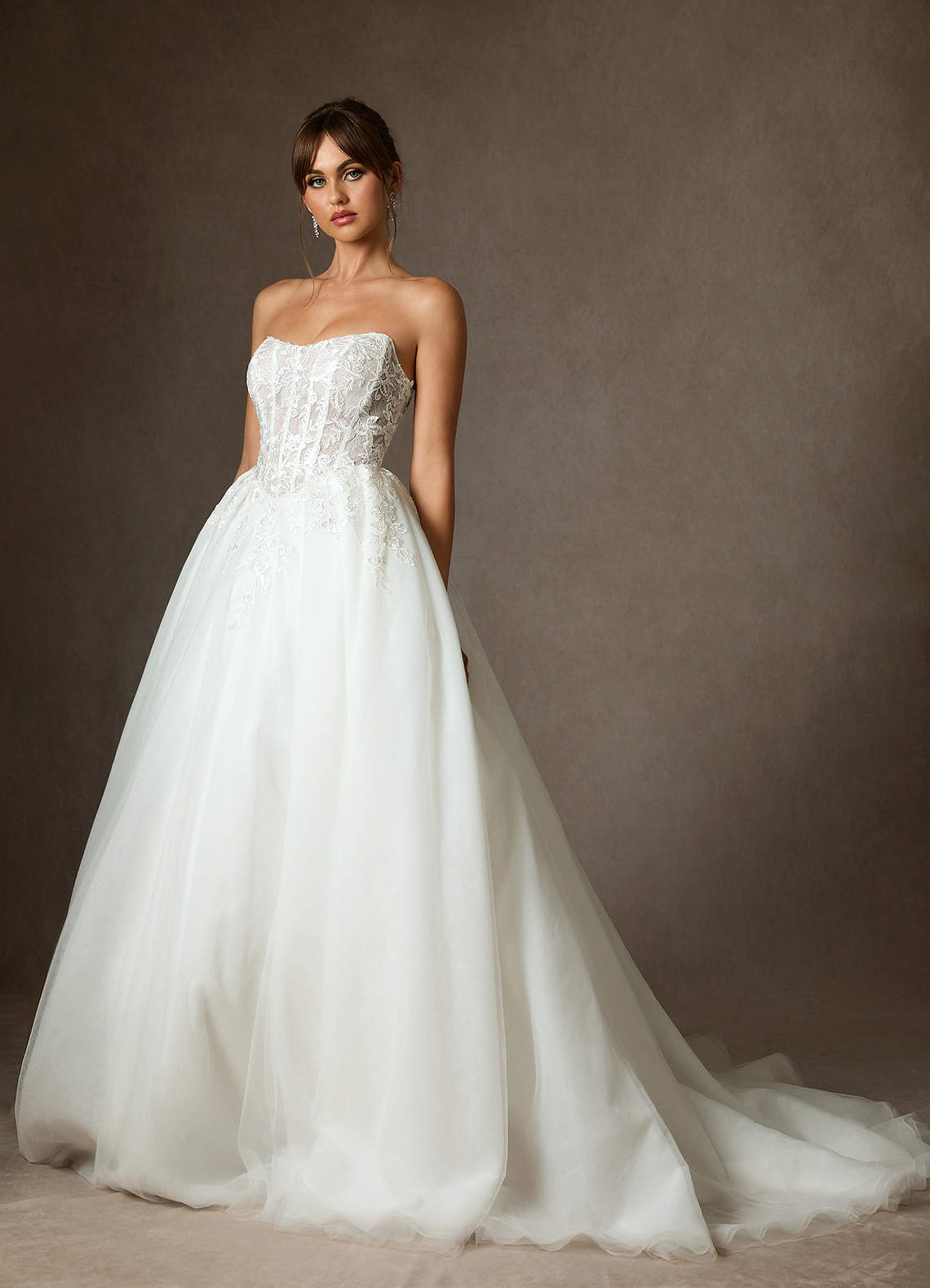 Diamond White Ball-Gown Strapless Lace Dress