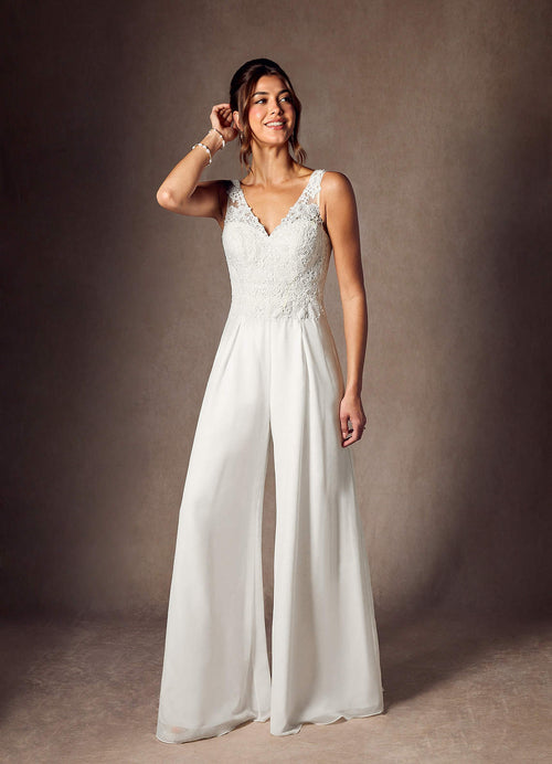 Diamond White Pant Styles V-Neck Lace Chiffon Dress