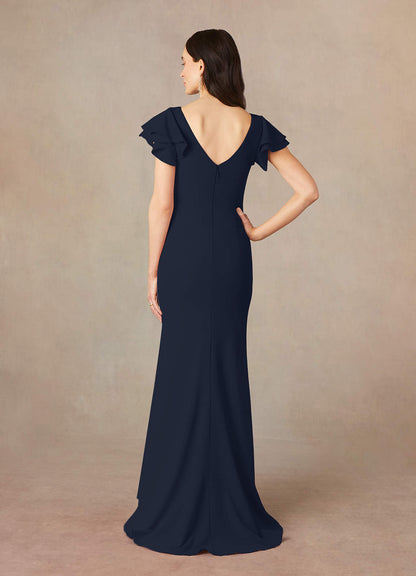 Dark Navy Mermaid Scoop Ruched Stretch Crepe Dress