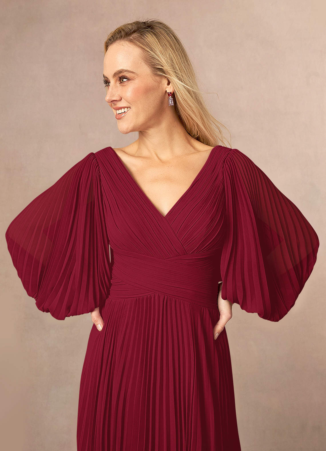Burgundy A-Line V-Neck Pleated Chiffon Dress